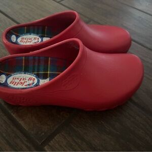 Vibrant Red Jolly’s garden clogs. size 7. Paid $85. Comfortable & cute.